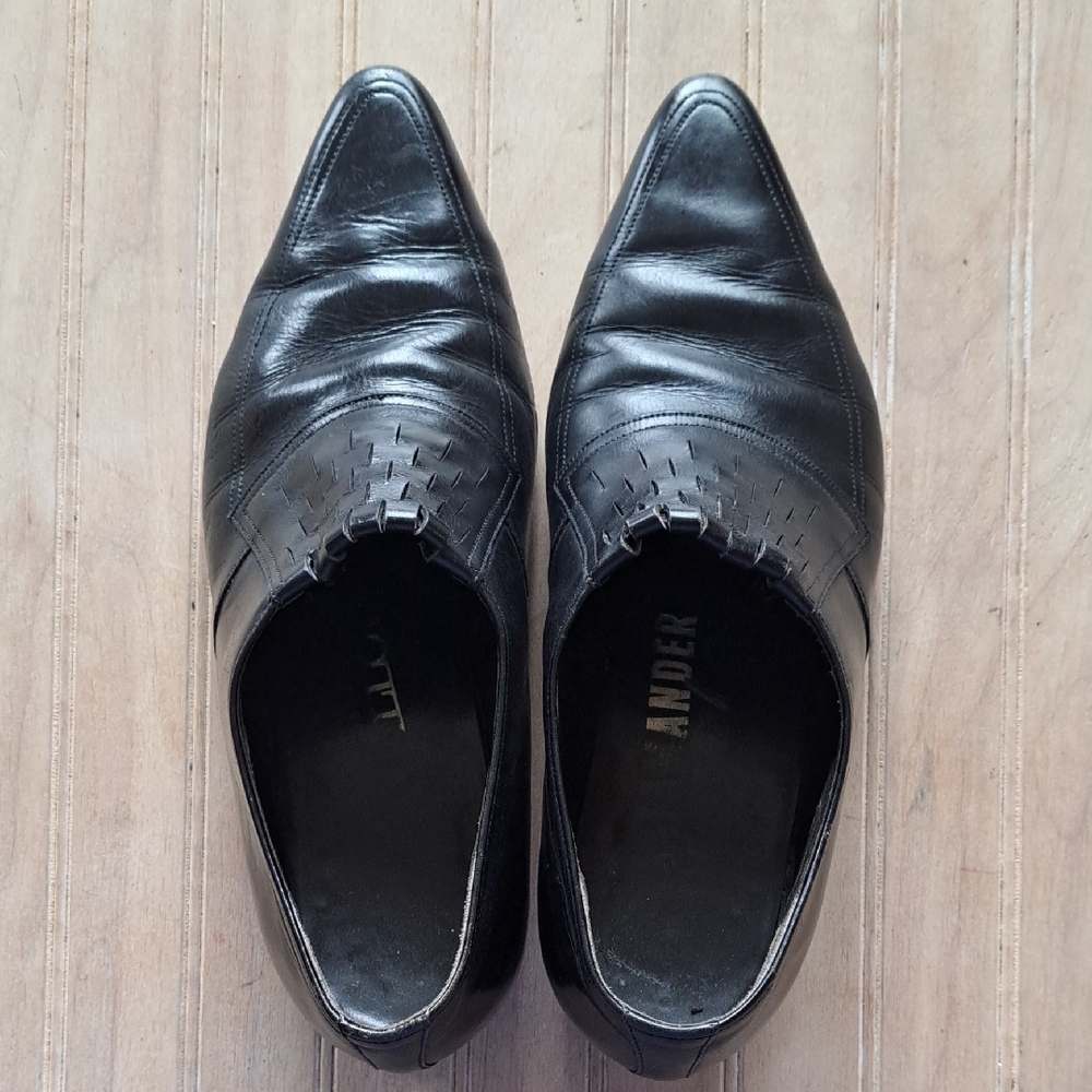 Vintage Rare Salamander Black Leather Dress Shoes Woven Pointed Toe Stacked Heel